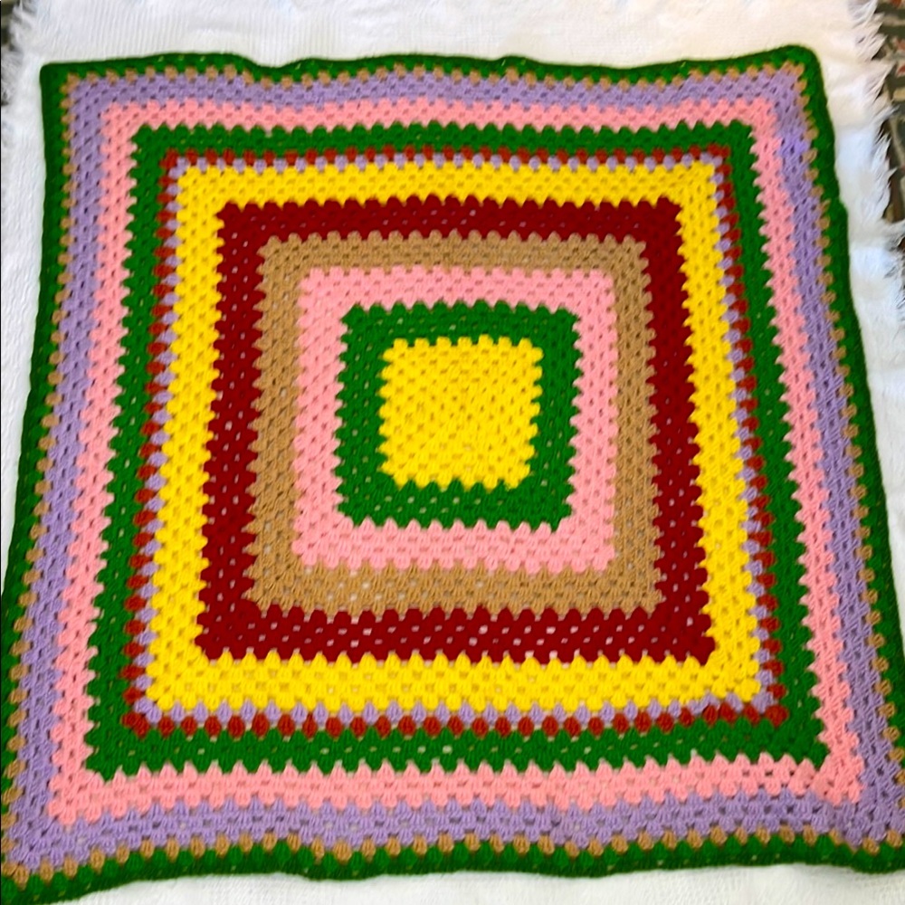 Vintage Handmade Crocheted Afghan Multi Colored Granny Square